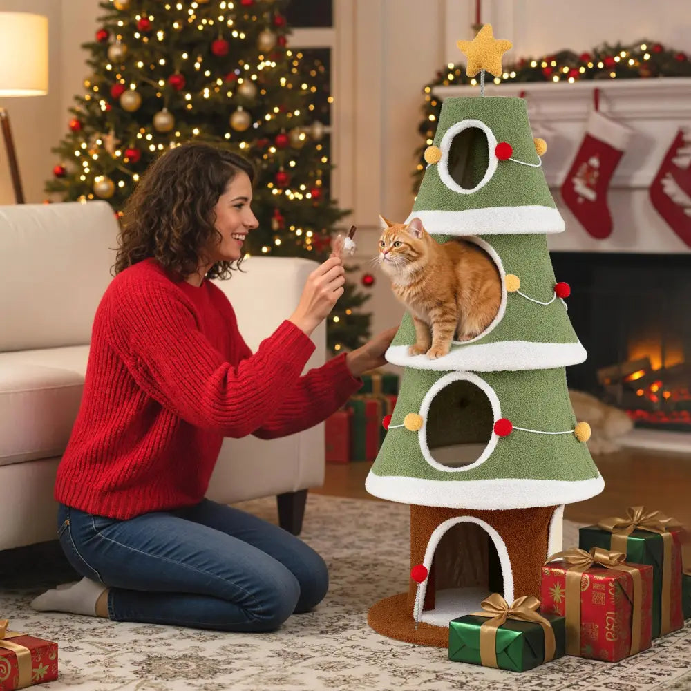 Large Christmas Cat Tree for Indoor Cats 61 Inch Cute Cat Tower with 4 Condos-Green - Green - Cat Trees Condos &