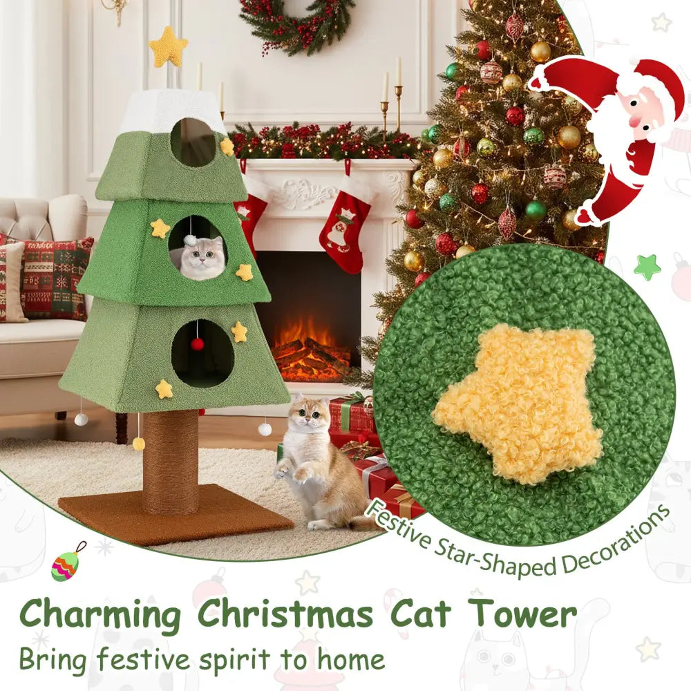 Large Christmas Cat Tree for Indoor Cats 64’’ Cute Cat Tower with 3 Condos-Green - Green - Cat Trees Condos & Scratchers
