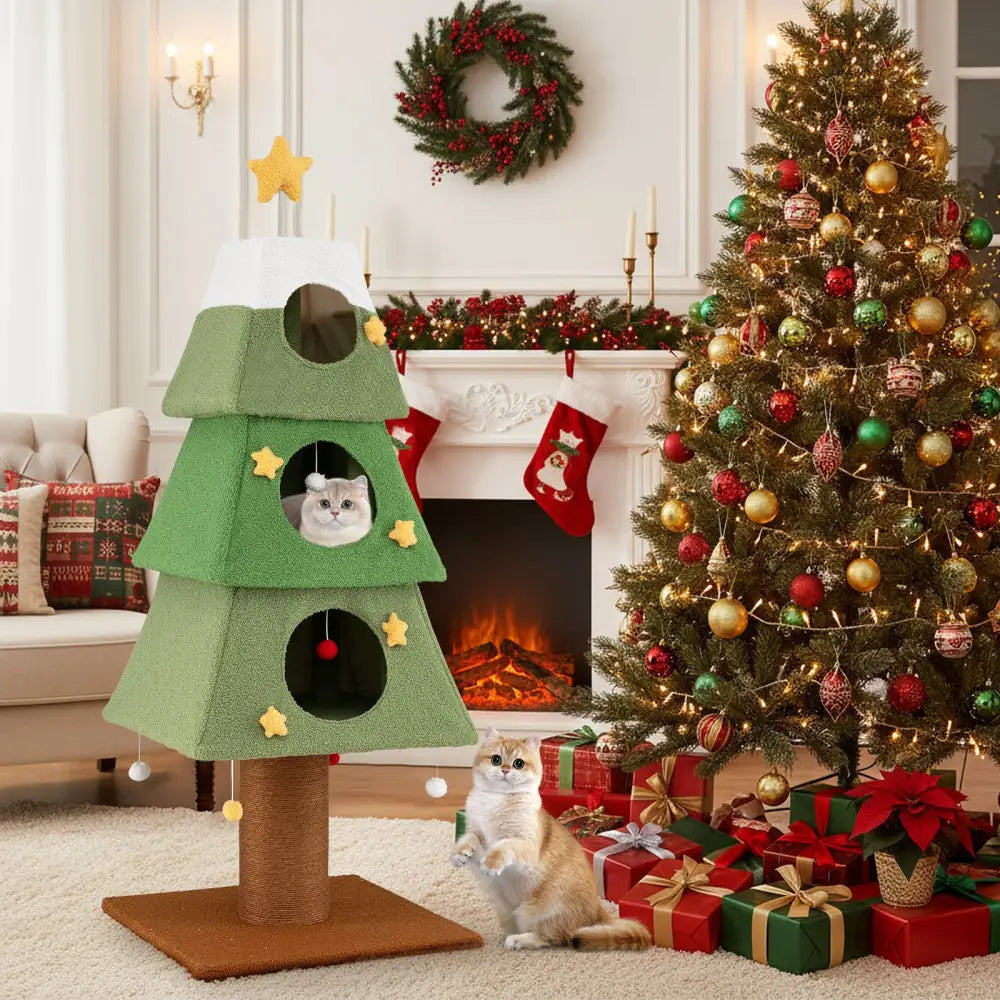 Large Christmas Cat Tree for Indoor Cats 64’’ Cute Cat Tower with 3 Condos-Green - Green - Cat Trees Condos & Scratchers