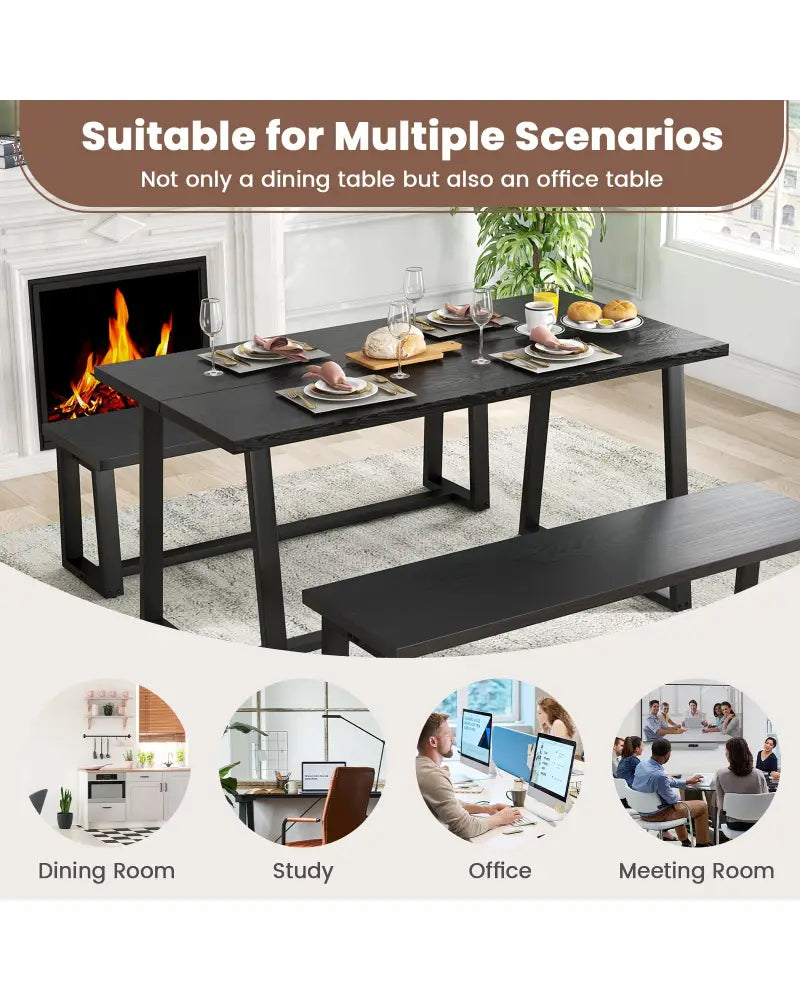 Large Dining Table with Heavy-duty Metal Frame and Anti-slip Foot Pads-Black - Black - Dining Tables