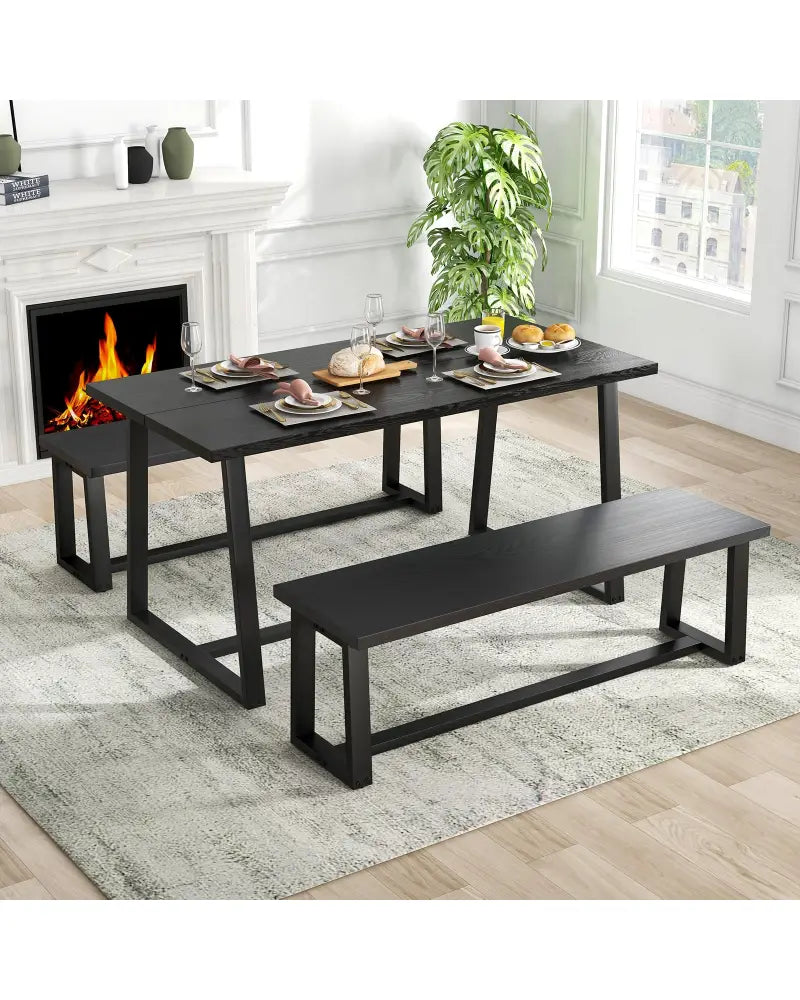 Large Dining Table with Heavy-duty Metal Frame and Anti-slip Foot Pads-Black - Black - Dining Tables