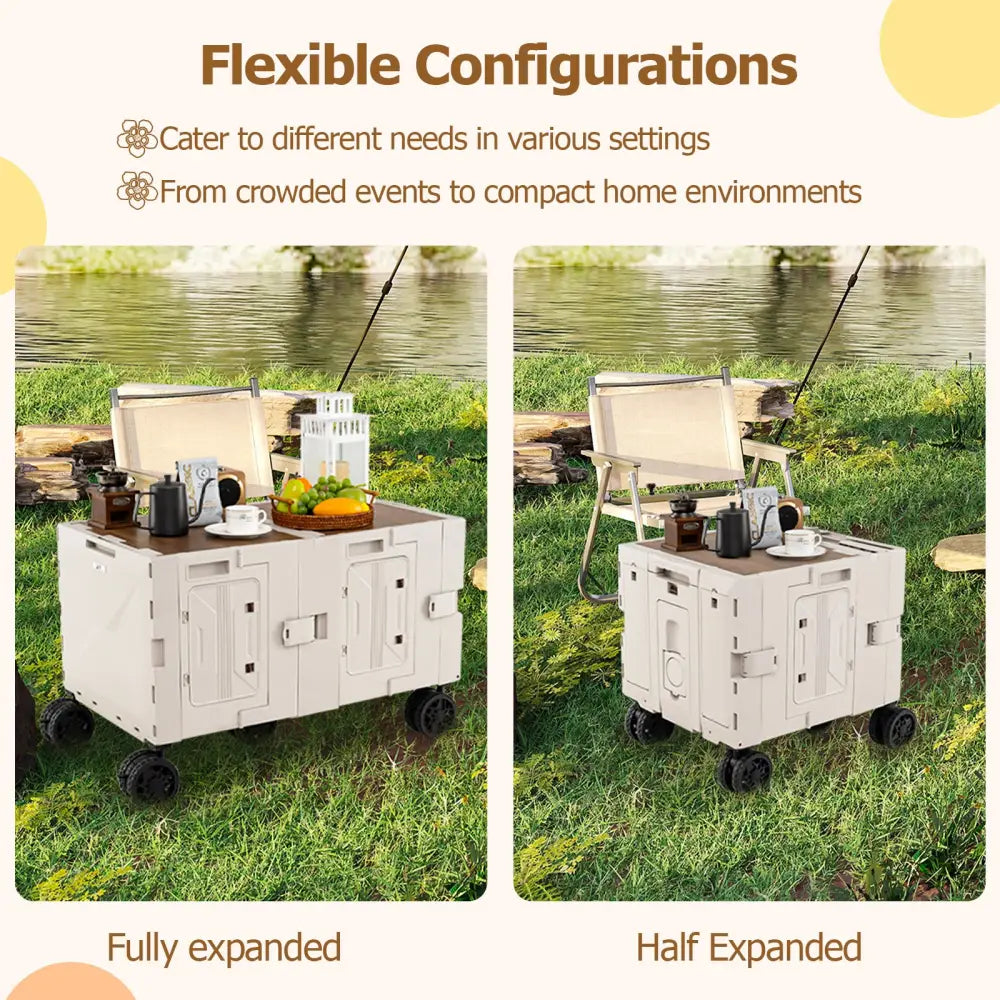 Large Foldable Utility Cart with 2-Tier Storage Crates and Telescoping Handle-White - White - Camping Furniture
