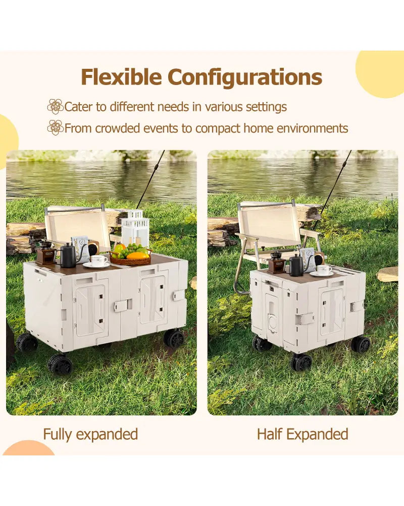 Large Foldable Utility Cart with 2-Tier Storage Crates and Telescoping Handle-White - White - Camping Furniture
