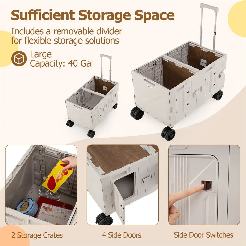 Large Foldable Utility Cart with 2-Tier Storage Crates and Telescoping Handle-White - White - Camping Furniture