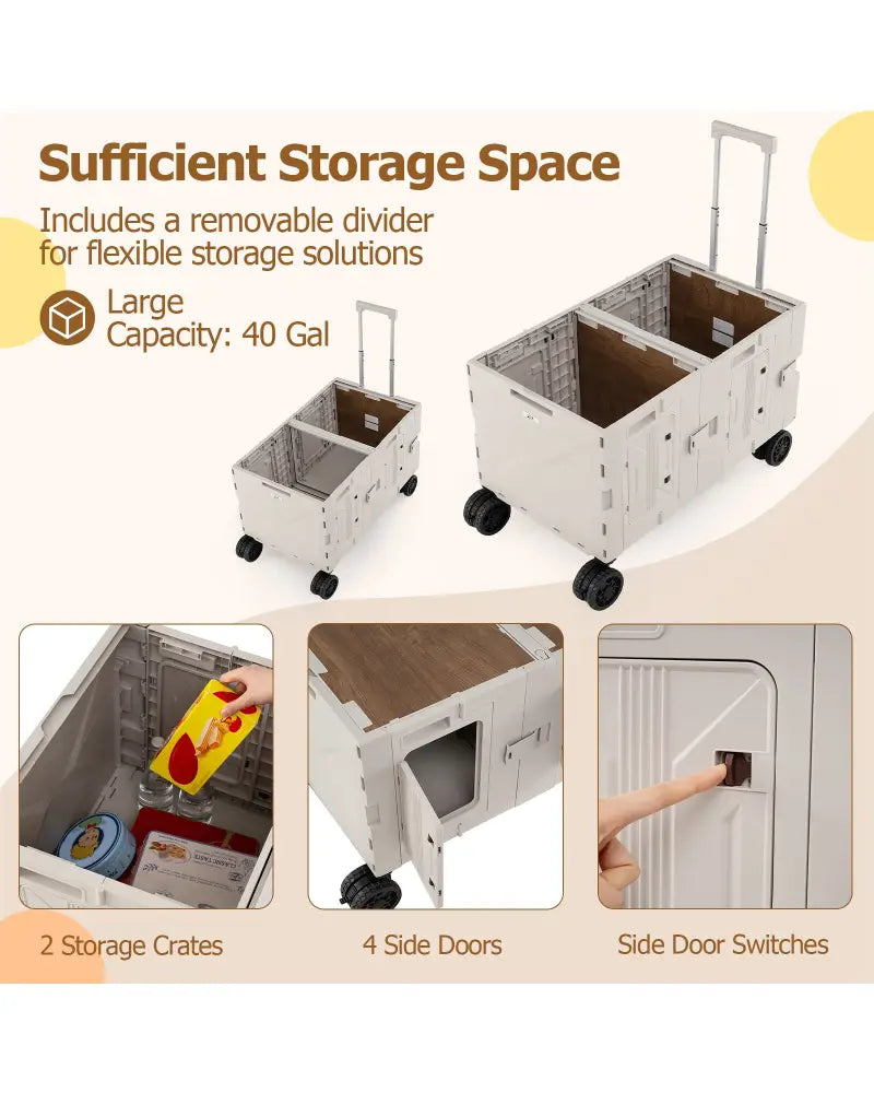 Large Foldable Utility Cart with 2-Tier Storage Crates and Telescoping Handle-White - White - Camping Furniture