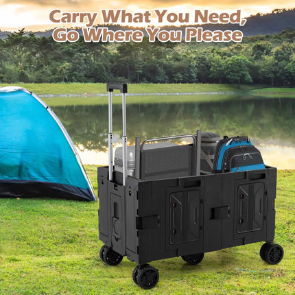 Large Foldable Utility Cart with 2-Tier Storage Crates and Telescoping Handle-Black - Black - Camping Furniture