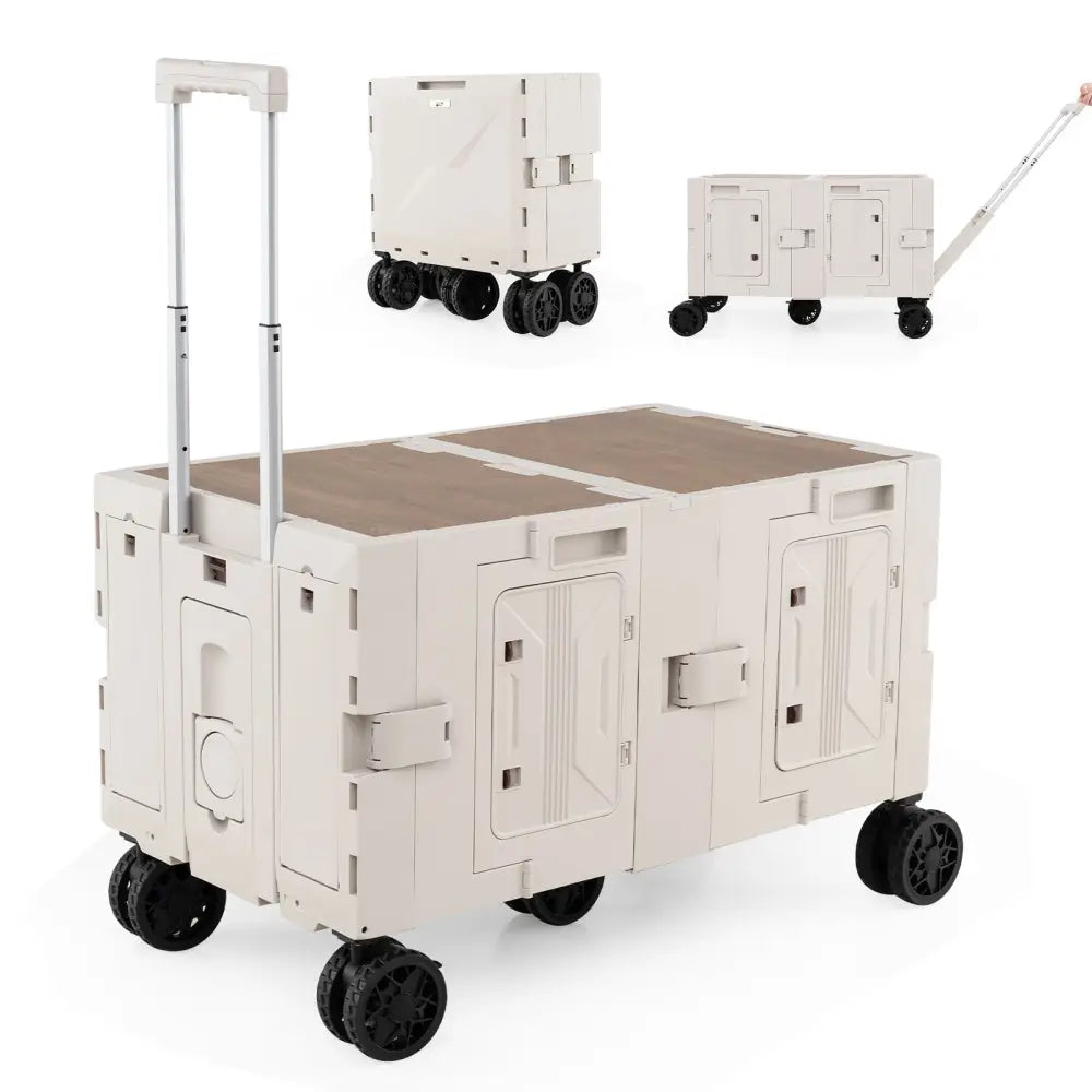Large Foldable Utility Cart with 2-Tier Storage Crates and Telescoping Handle-White - White - Camping Furniture