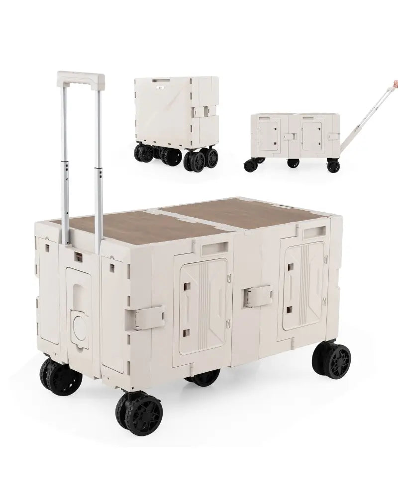 Large Foldable Utility Cart with 2-Tier Storage Crates and Telescoping Handle-White - White - Camping Furniture