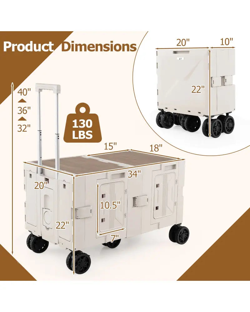 Large Foldable Utility Cart with 2-Tier Storage Crates and Telescoping Handle-White - White - Camping Furniture