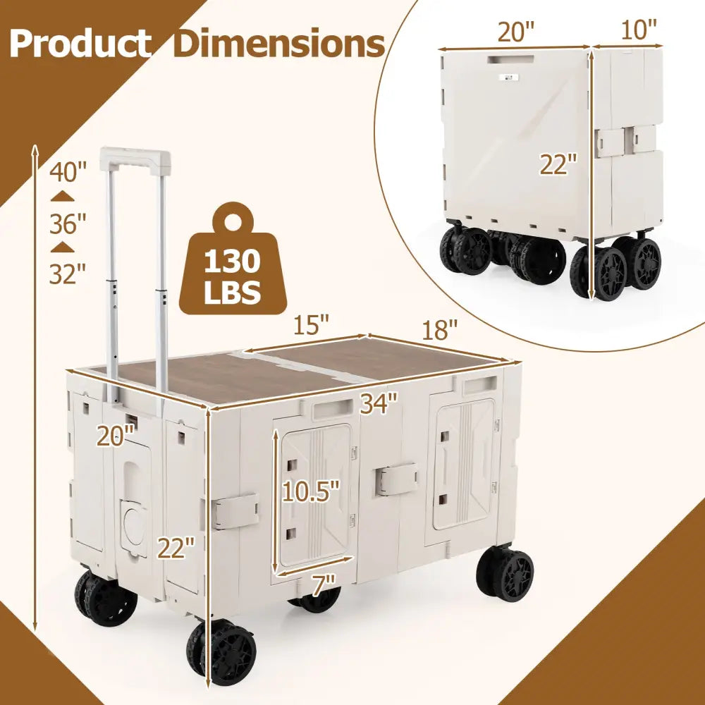 Large Foldable Utility Cart with 2-Tier Storage Crates and Telescoping Handle-White - White - Camping Furniture