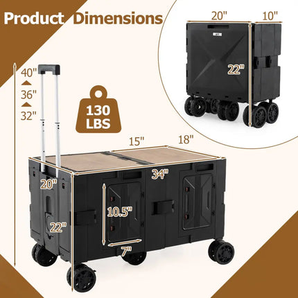 Large Foldable Utility Cart with 2-Tier Storage Crates and Telescoping Handle-Black - Black - Camping Furniture