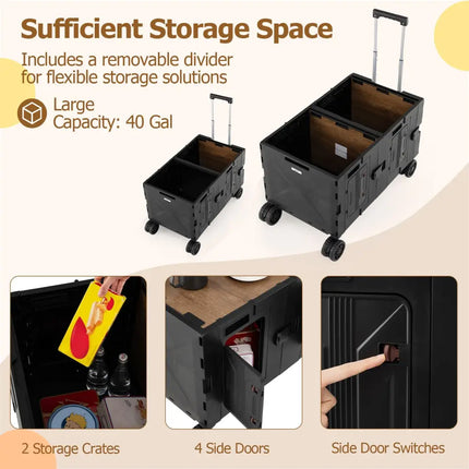 Large Foldable Utility Cart with 2-Tier Storage Crates and Telescoping Handle-Black - Black - Camping Furniture