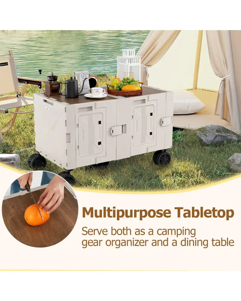 Large Foldable Utility Cart with 2-Tier Storage Crates and Telescoping Handle-White - White - Camping Furniture