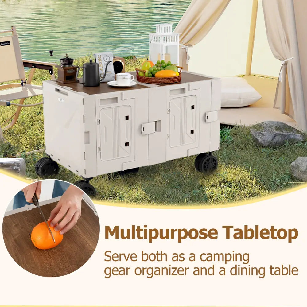 Large Foldable Utility Cart with 2-Tier Storage Crates and Telescoping Handle-White - White - Camping Furniture