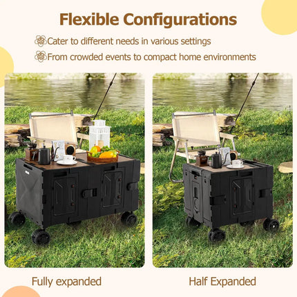 Large Foldable Utility Cart with 2-Tier Storage Crates and Telescoping Handle-Black - Black - Camping Furniture
