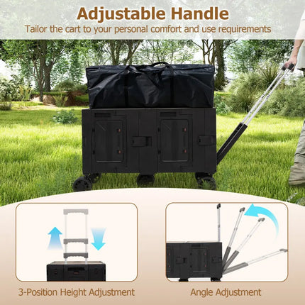 Large Foldable Utility Cart with 2-Tier Storage Crates and Telescoping Handle-Black - Black - Camping Furniture