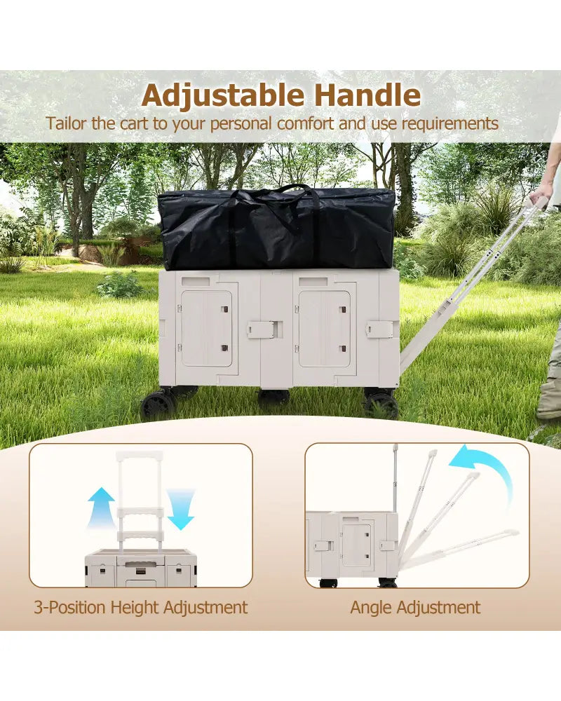 Large Foldable Utility Cart with 2-Tier Storage Crates and Telescoping Handle-White - White - Camping Furniture