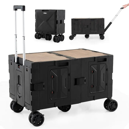 Large Foldable Utility Cart with 2-Tier Storage Crates and Telescoping Handle-Black - Black - Camping Furniture