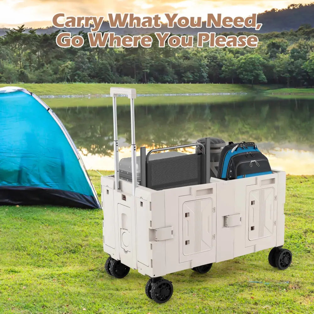 Large Foldable Utility Cart with 2-Tier Storage Crates and Telescoping Handle-White - White - Camping Furniture