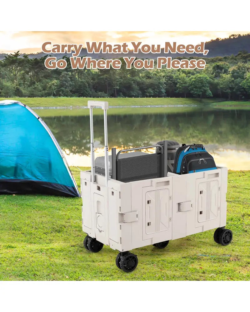 Large Foldable Utility Cart with 2-Tier Storage Crates and Telescoping Handle-White - White - Camping Furniture
