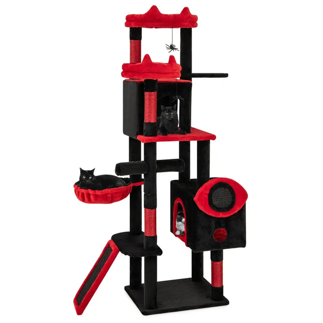 Large Gothic Cat Tree with Cat Condos and Plush Perches-Black & Red - Black & Red - Cat Trees Condos & Scratchers