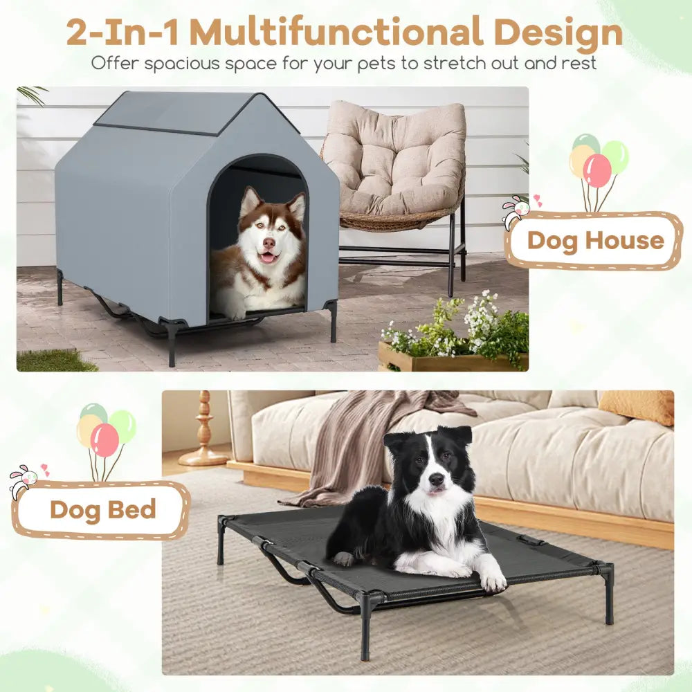 Large/Middle/Small Outdoor Elevated Pet House with Ventilated Windows-L - Gray - Dog Supplies