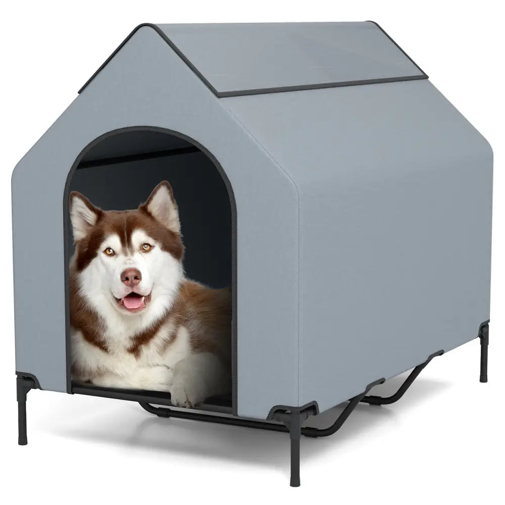 Large/Middle/Small Outdoor Elevated Pet House with Ventilated Windows-L - Gray - Dog Supplies