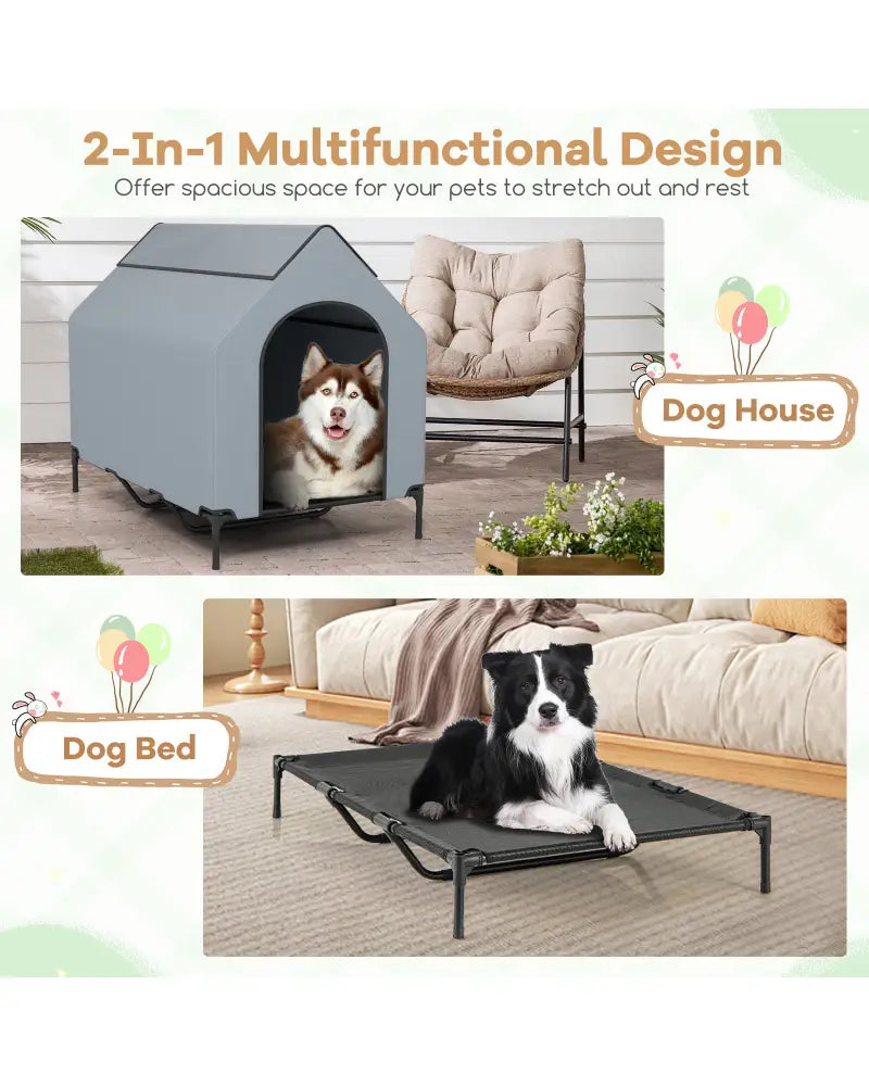 Large/Middle/Small Outdoor Elevated Pet House with Ventilated Windows-L - Gray - Dog Supplies