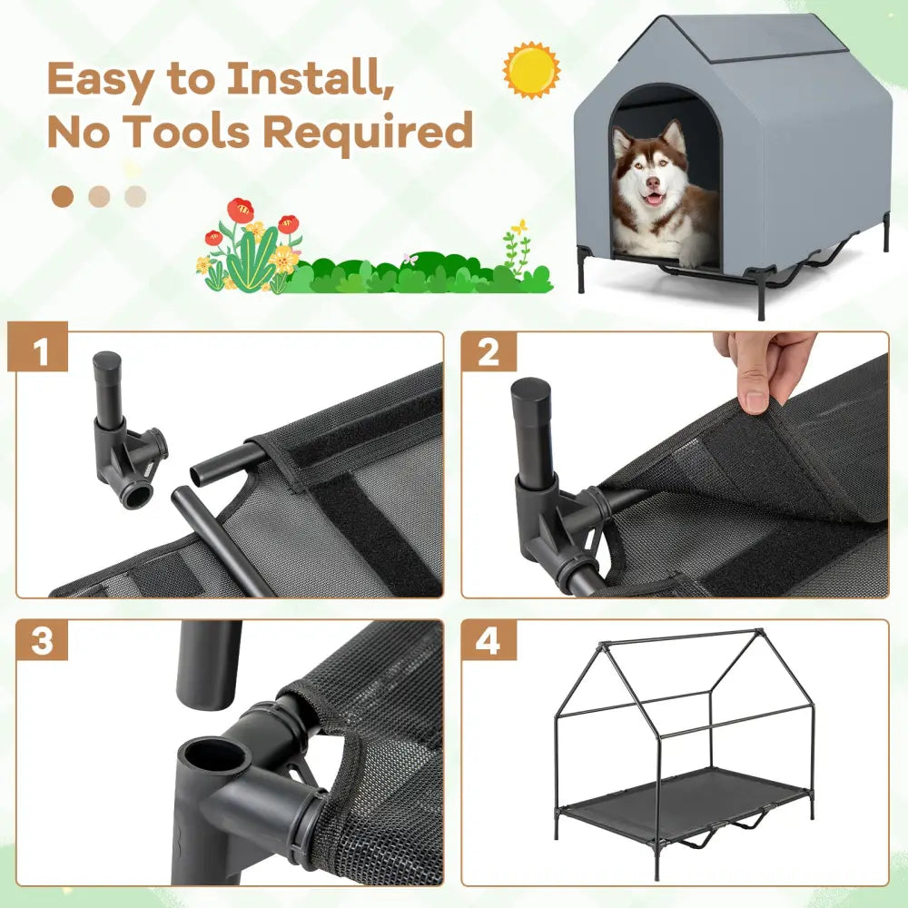 Large/Middle/Small Outdoor Elevated Pet House with Ventilated Windows-L - Gray - Dog Supplies