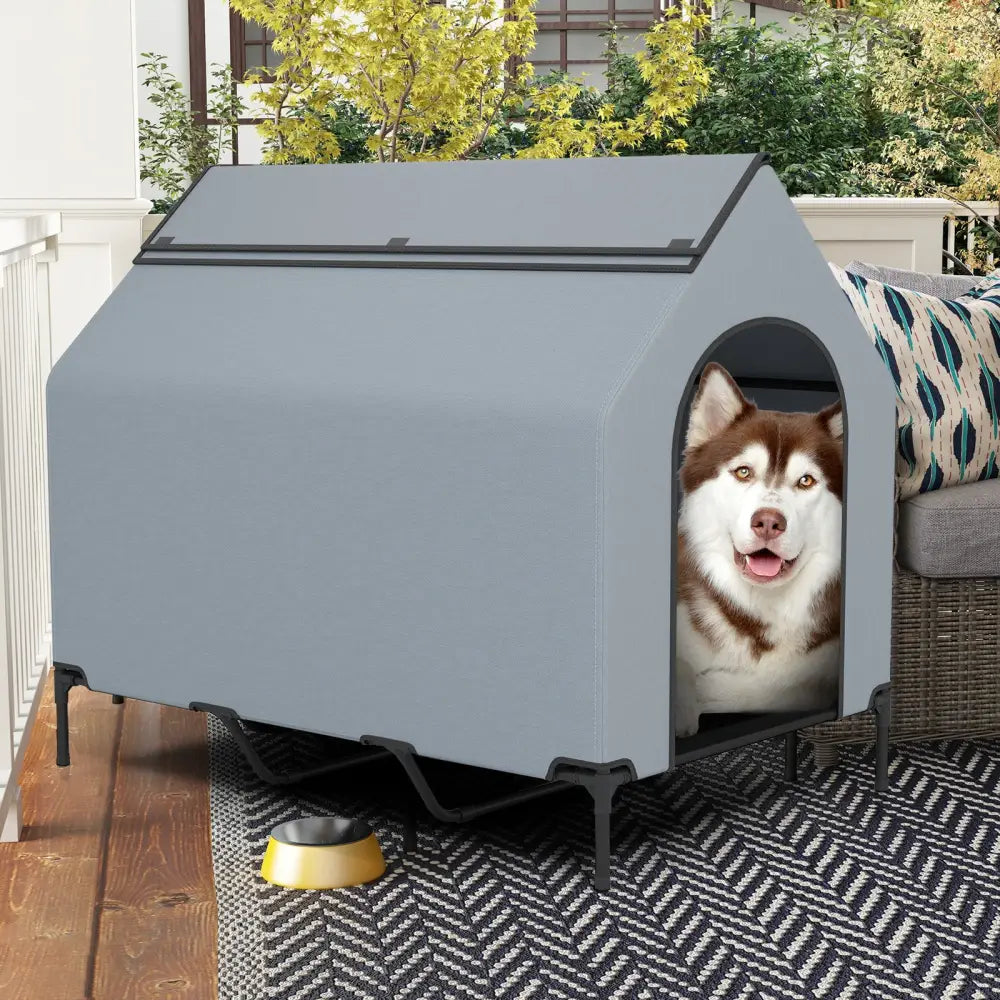 Large/Middle/Small Outdoor Elevated Pet House with Ventilated Windows-L - Gray - Dog Supplies