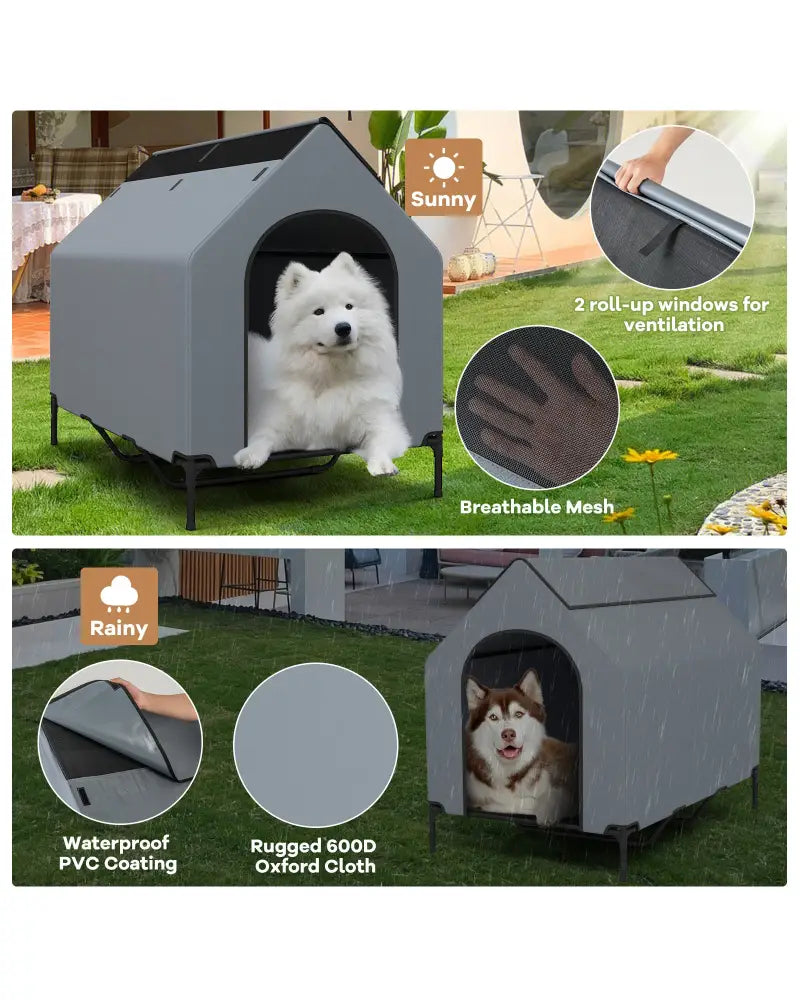 Large/Middle/Small Outdoor Elevated Pet House with Ventilated Windows-L - Gray - Dog Supplies