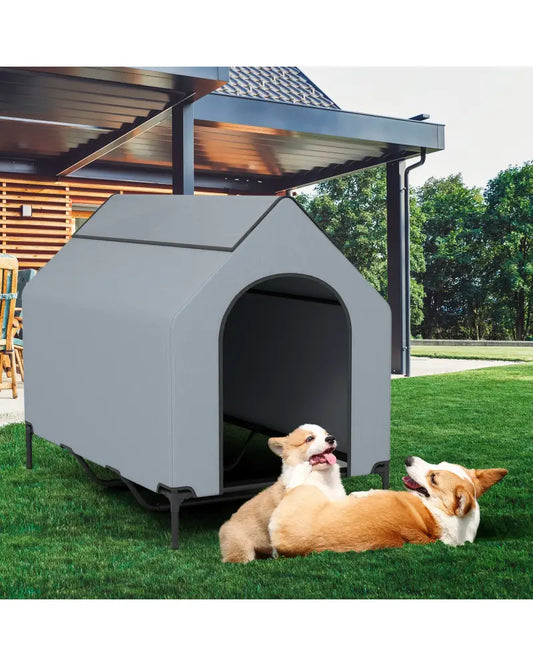 Large/Middle/Small Outdoor Elevated Pet House with Ventilated Windows-L - Gray - Dog Supplies