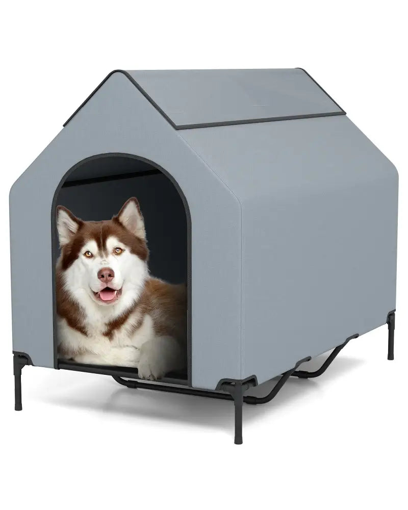 Large/Middle/Small Outdoor Elevated Pet House with Ventilated Windows-L - Gray - Dog Supplies