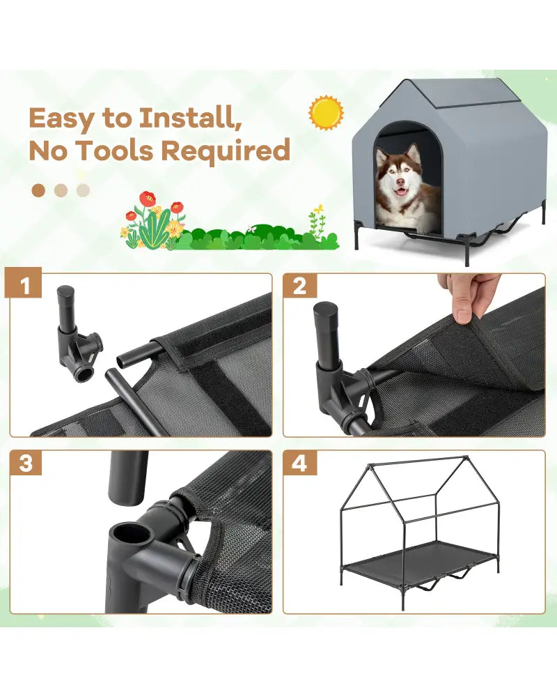 Large/Middle/Small Outdoor Elevated Pet House with Ventilated Windows-L - Gray - Dog Supplies