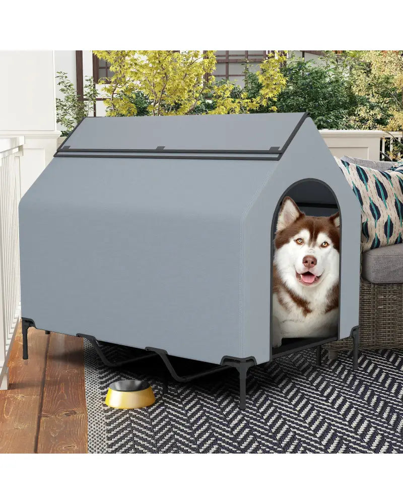 Large/Middle/Small Outdoor Elevated Pet House with Ventilated Windows-L - Gray - Dog Supplies