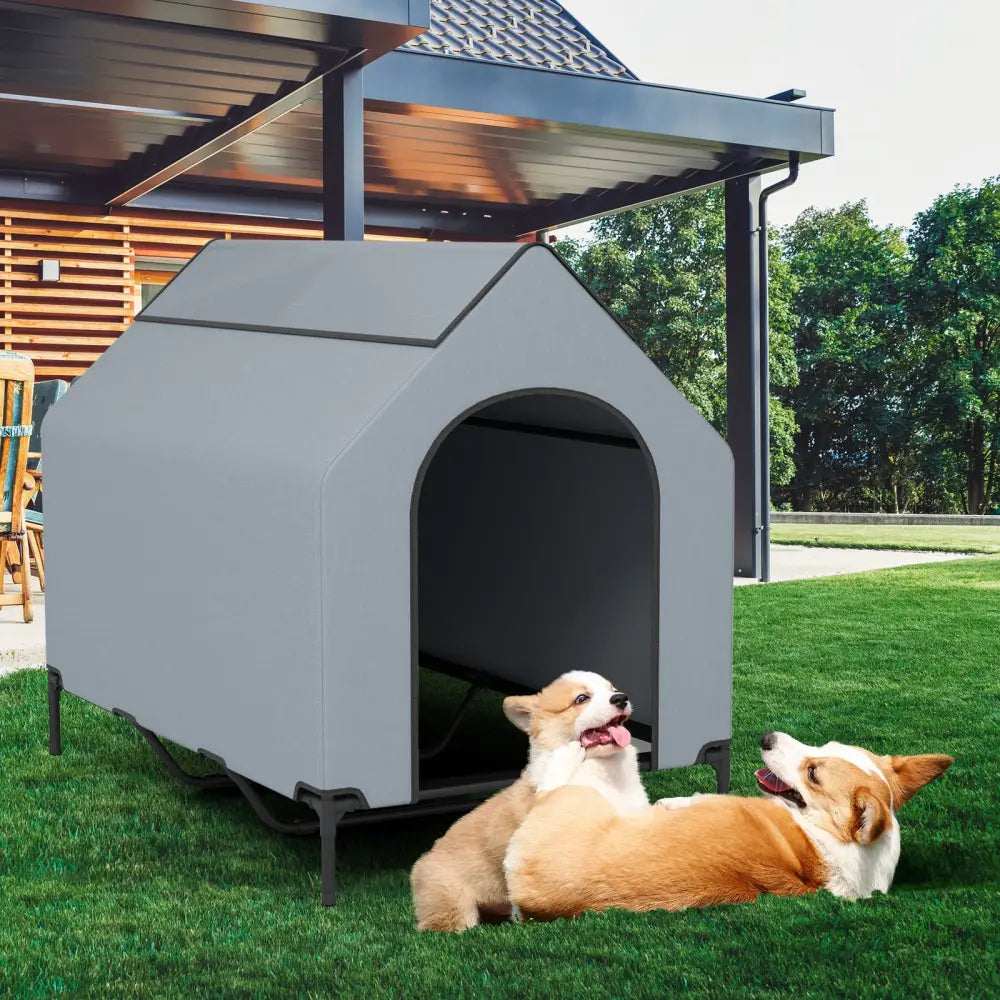 Large/Middle/Small Outdoor Elevated Pet House with Ventilated Windows-L - Gray - Dog Supplies