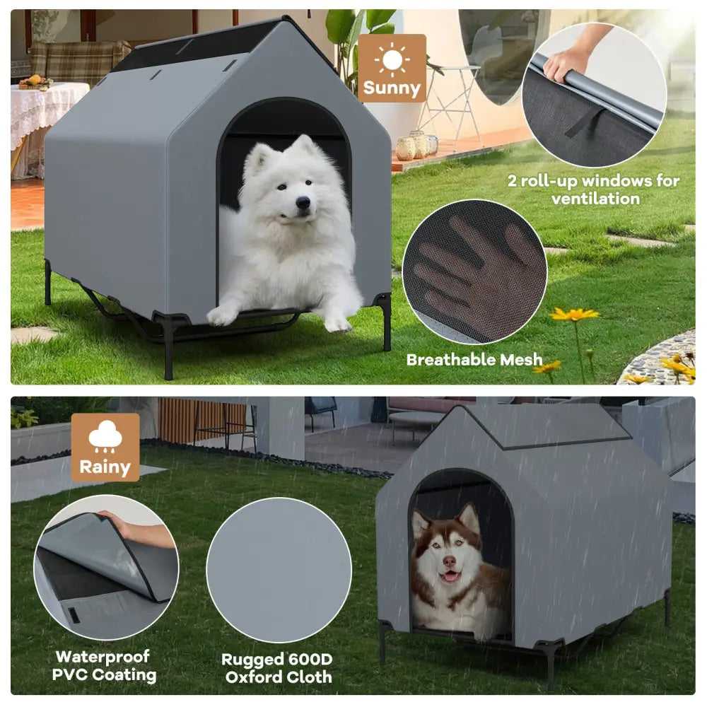 Large/Middle/Small Outdoor Elevated Pet House with Ventilated Windows-L - Gray - Dog Supplies