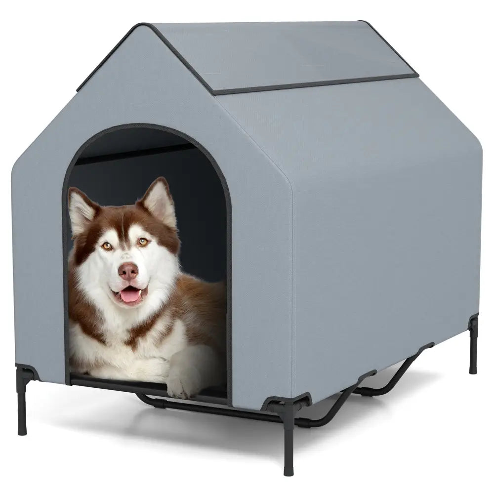 Large/Middle/Small Outdoor Elevated Pet House with Ventilated Windows-L - Gray - Dog Supplies