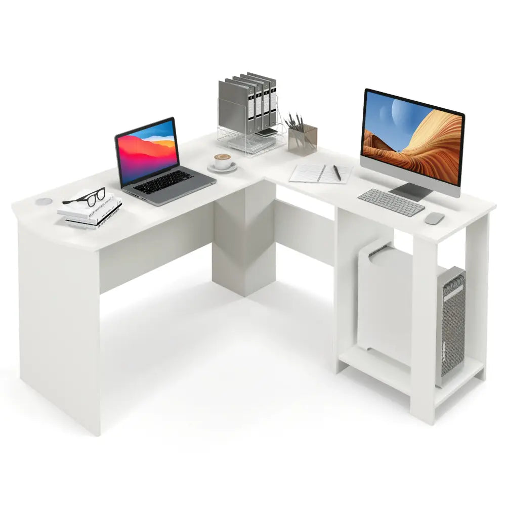 Large Modern L-shaped Computer Desk with 2 Cable Holes and 2 Storage Shelves-White - White - L-Shaped Desks
