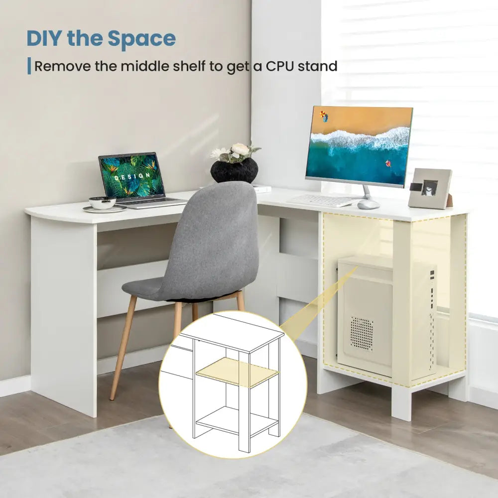 Large Modern L-shaped Computer Desk with 2 Cable Holes and 2 Storage Shelves-White - White - L-Shaped Desks