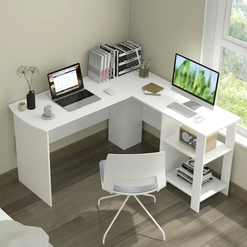Large Modern L-shaped Computer Desk with 2 Cable Holes and 2 Storage Shelves-White - White - L-Shaped Desks