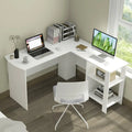 Large Modern L-shaped Computer Desk with 2 Cable Holes and 2 Storage Shelves-White - White - L-Shaped Desks