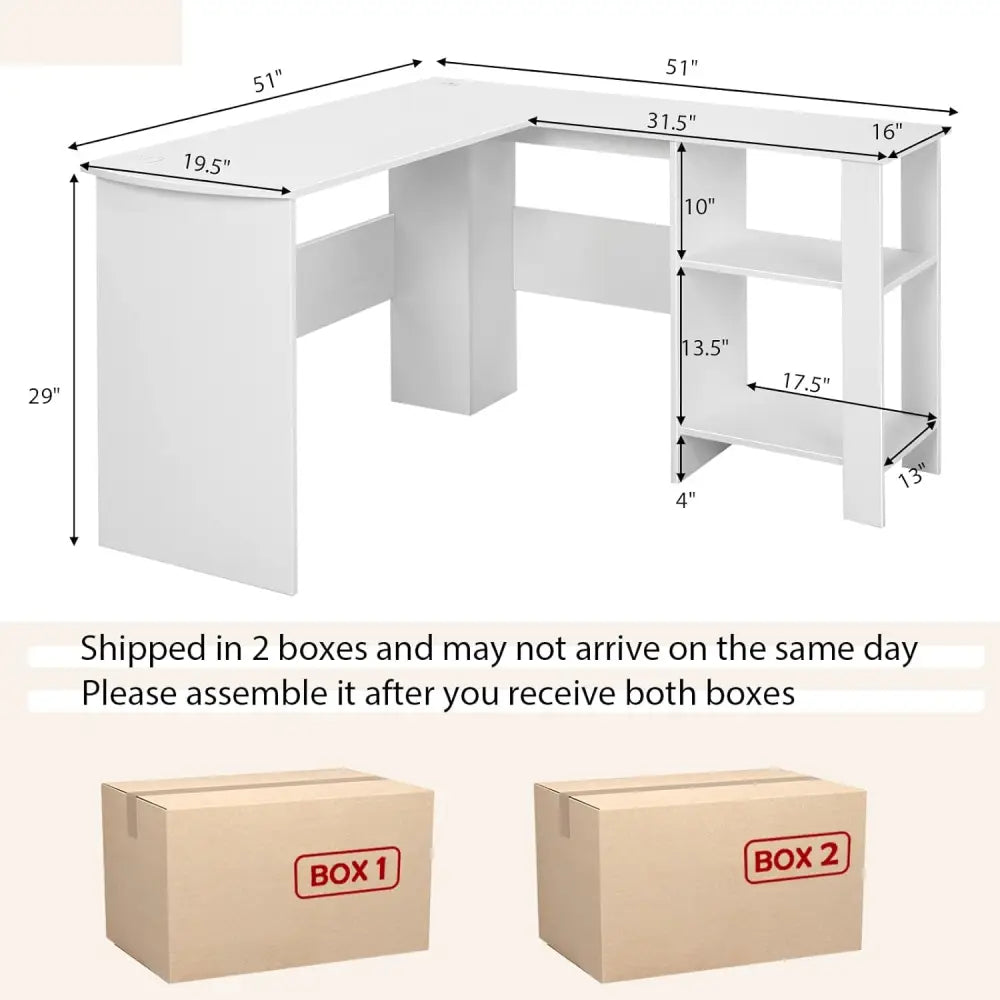 Large Modern L-shaped Computer Desk with 2 Cable Holes and 2 Storage Shelves-White - White - L-Shaped Desks