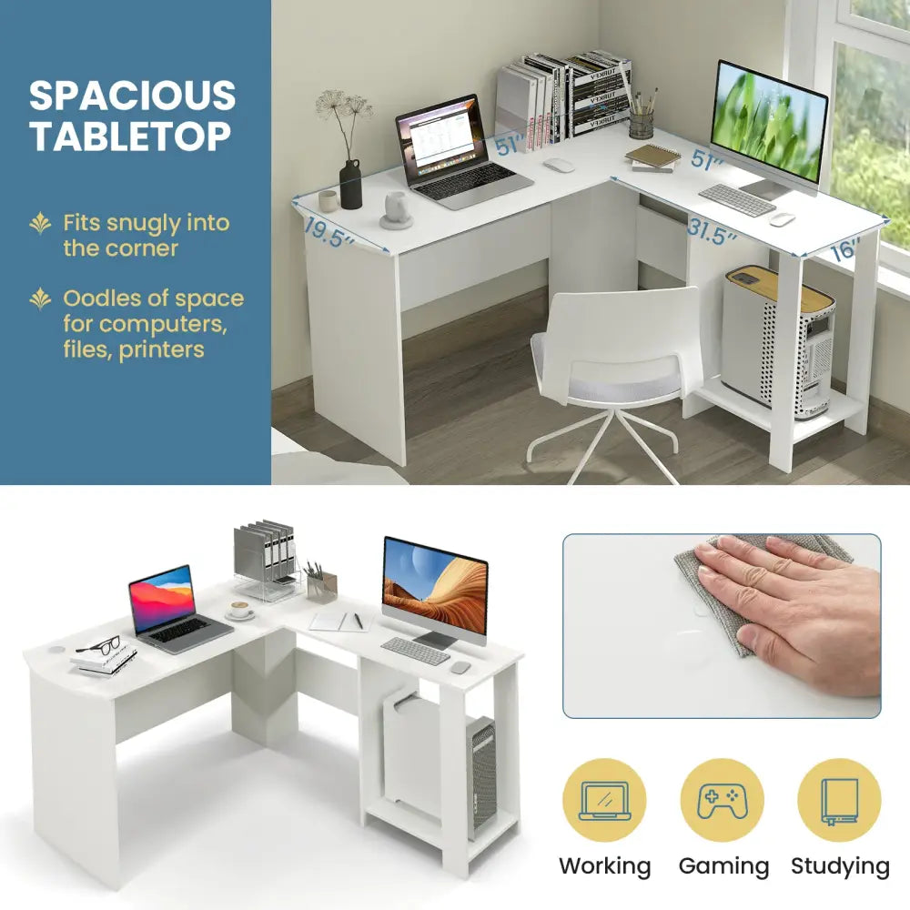Large Modern L-shaped Computer Desk with 2 Cable Holes and 2 Storage Shelves-White - White - L-Shaped Desks