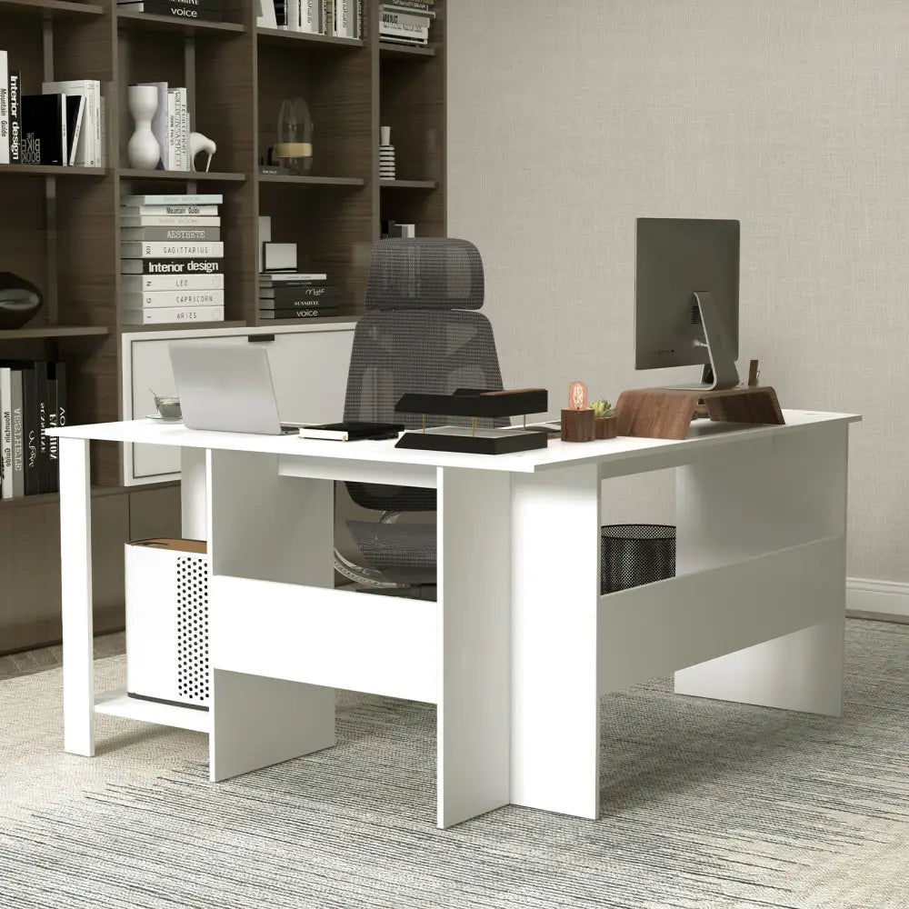 Large Modern L-shaped Computer Desk with 2 Cable Holes and 2 Storage Shelves-White - White - L-Shaped Desks