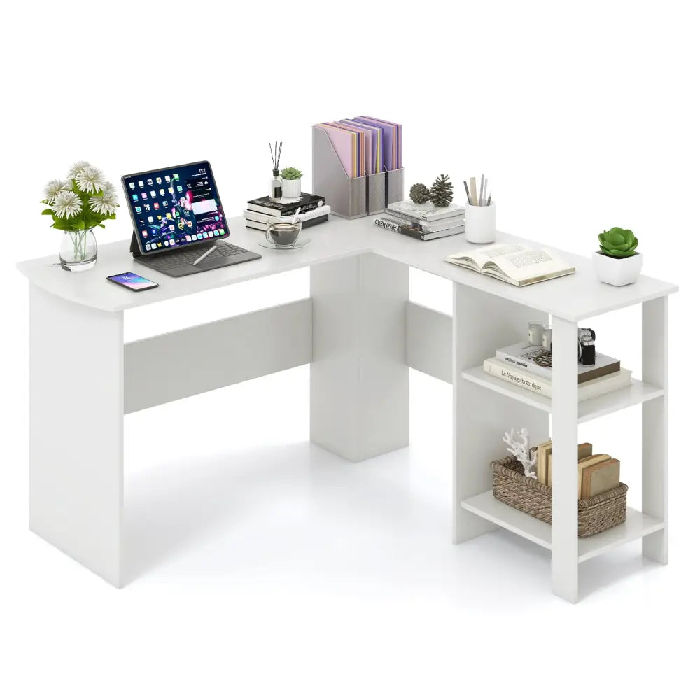Large Modern L-shaped Computer Desk with 2 Cable Holes and 2 Storage Shelves-White - White - L-Shaped Desks
