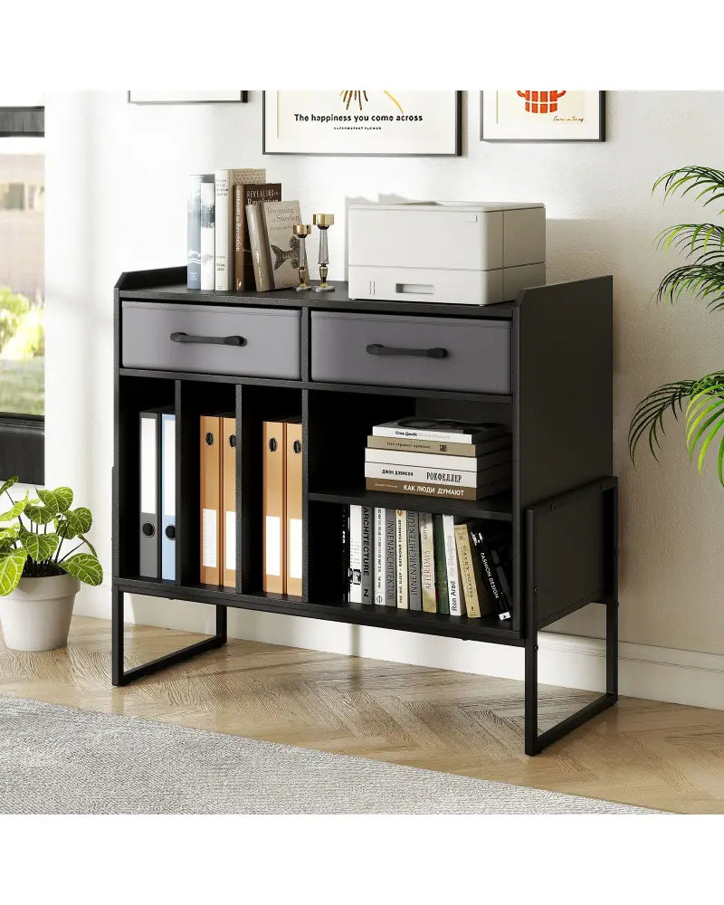 Large Record Player Stand with Charging Station Mid Century Modern Vinyl Storage Cabinet-Black - Black - End & Side
