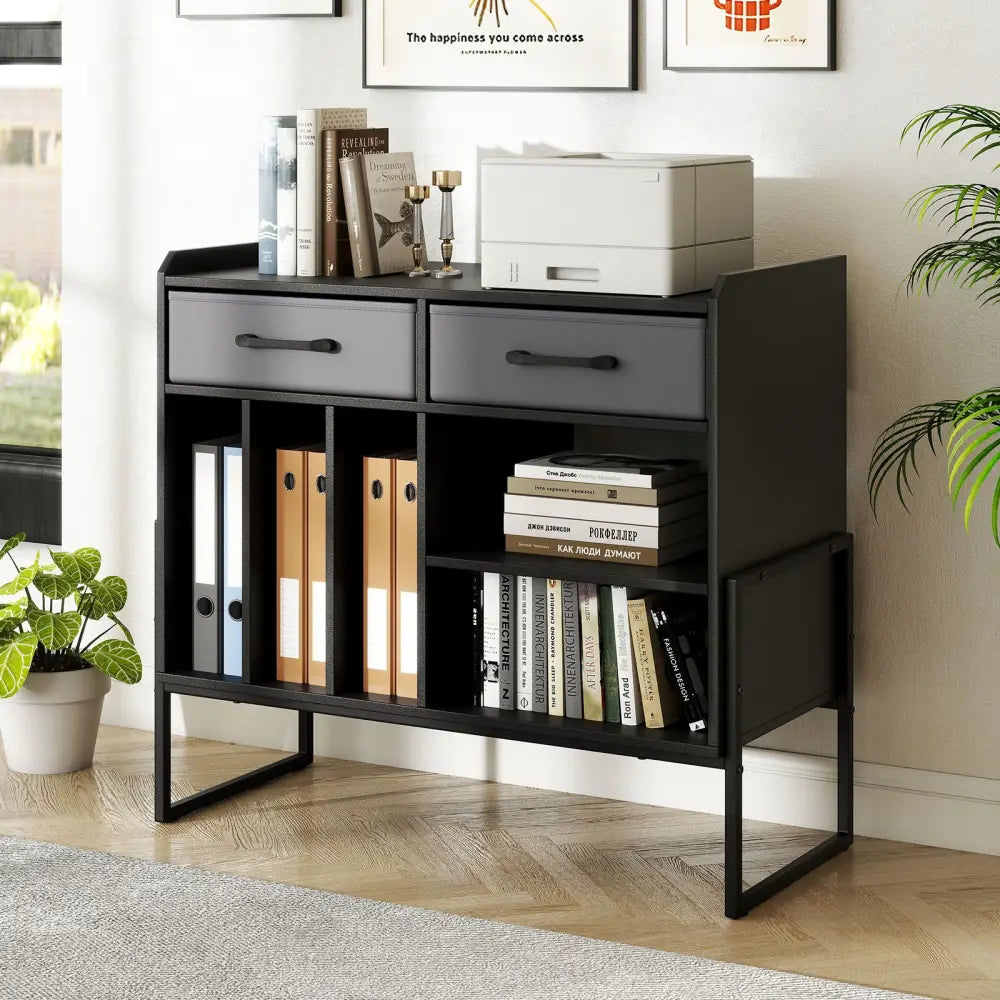 Large Record Player Stand with Charging Station Mid Century Modern Vinyl Storage Cabinet-Black - Black - End & Side