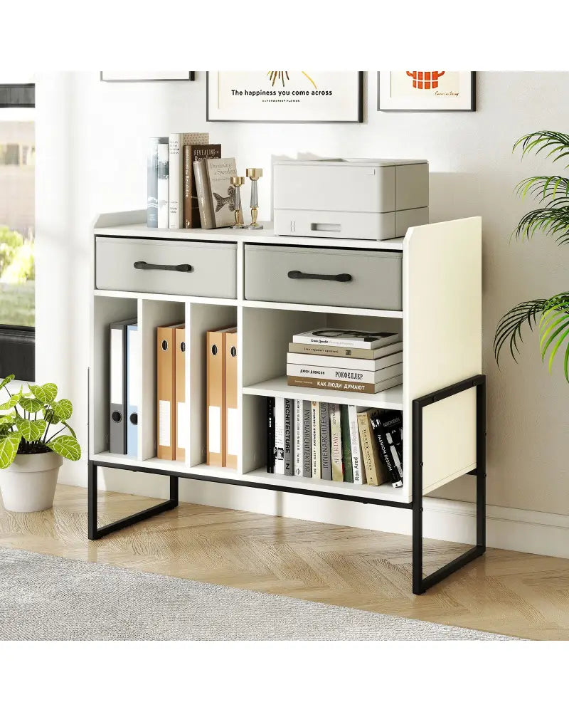 Large Record Player Stand with Charging Station Mid Century Modern Vinyl Storage Cabinet-White - White - End & Side