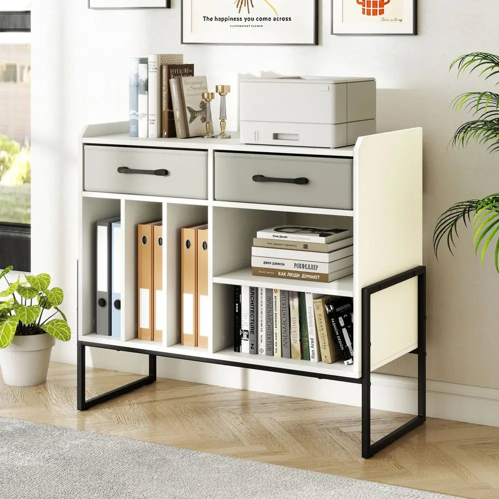 Large Record Player Stand with Charging Station Mid Century Modern Vinyl Storage Cabinet-White - White - End & Side